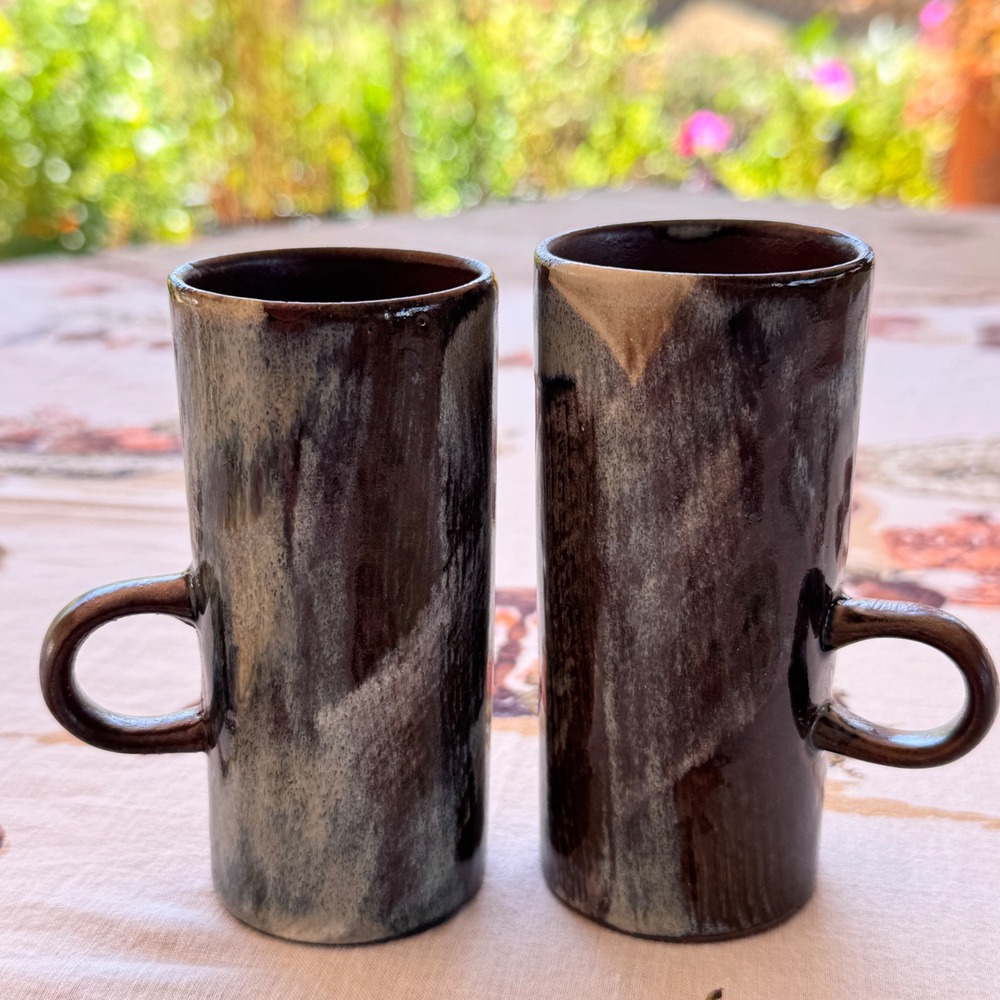 Vintage Caffe D'Vita Espresso Mugs Set 2 Drip Glaze Stoneware 1970s Brown Blue